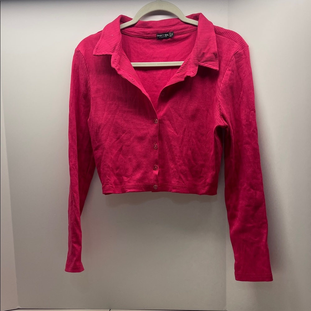 Love Tree Cropped Ribbed Button-Down Shirt in Hot Pink